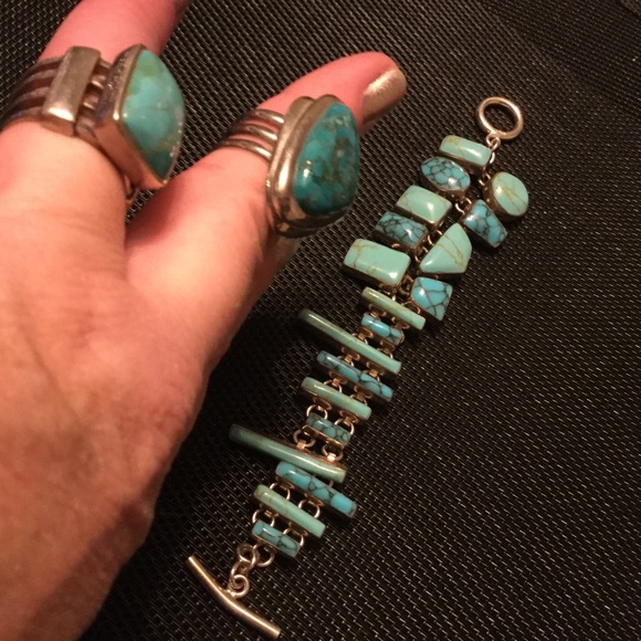 Huge Bold 3pc Artisan Genuine Turquoise .925 Stamped Sterling Trio “8 Rg’s 8 & 9 - Picture 16 of 16